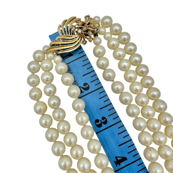 Vintage Triple-Strand Faux Pearl Necklace With Gold-Tone Rhinestone Clasp - Picture 8 of 8